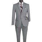 Men's medium grey 2-piece slim fit suit with single-breasted jacket and flat front pants
