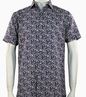 FloralNavy Essence Deep Navy Floral Men's Short Sleeve Shirt - Modern Fit