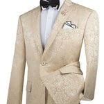 PoshPunto Collection: Beige 2 Piece Tone on Tone Paisley Print Single Breasted Slim Fit Suit