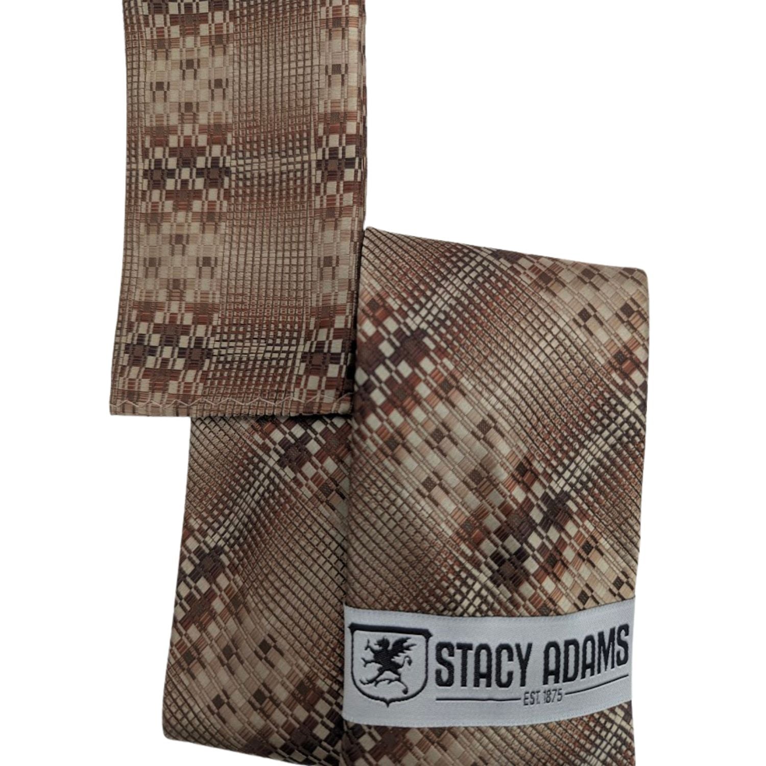 brown plaid geometric tie and pocket square set by Stacy Adams
