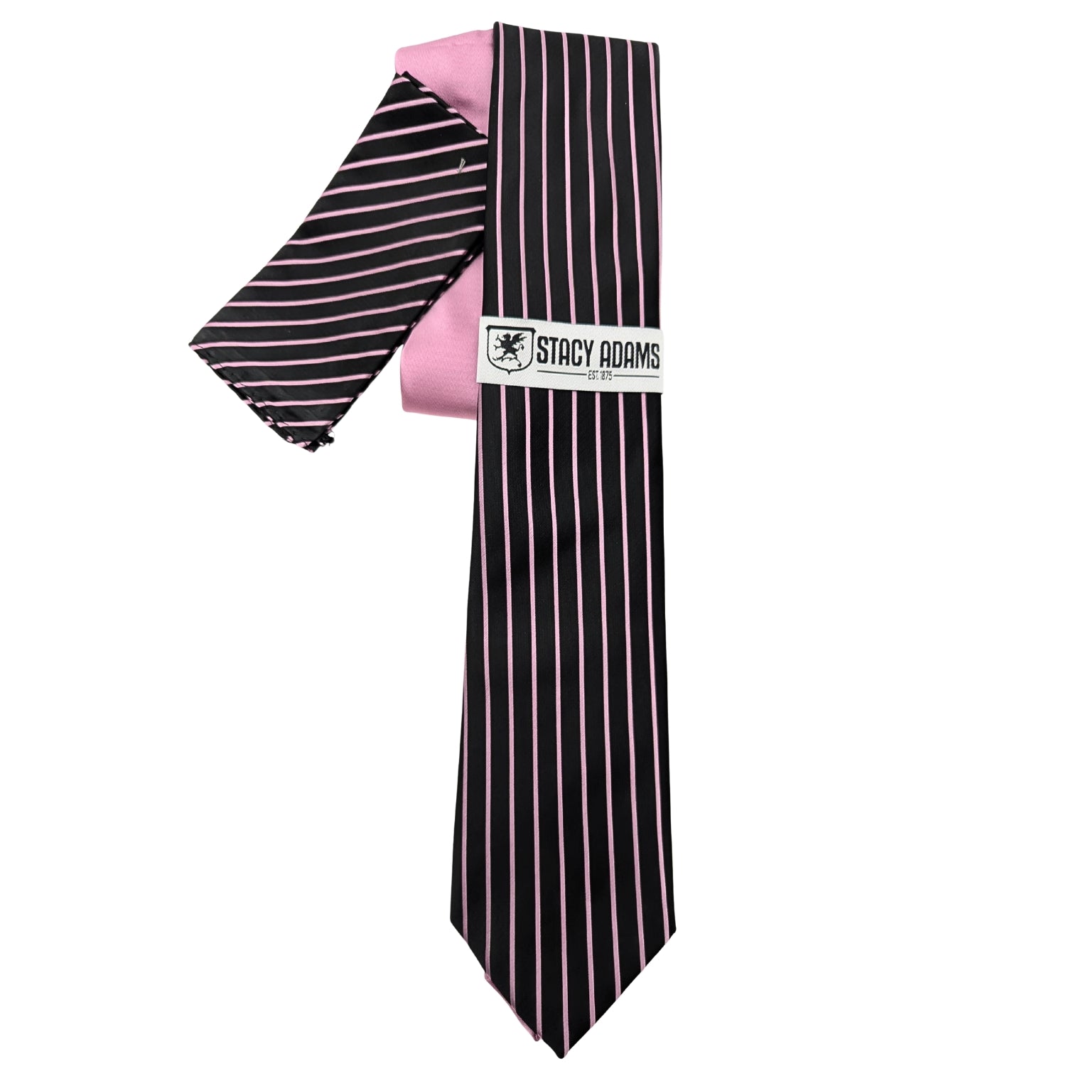 Stacy Adams men's black and pink pinstripe tie and pocket square set
