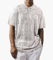 Chic Chelli Shirt Collection: White Diamond Pattern Three-Button Polo