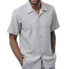 Grey 100% refined polyester men's short sleeve shirt with an open camp collar.