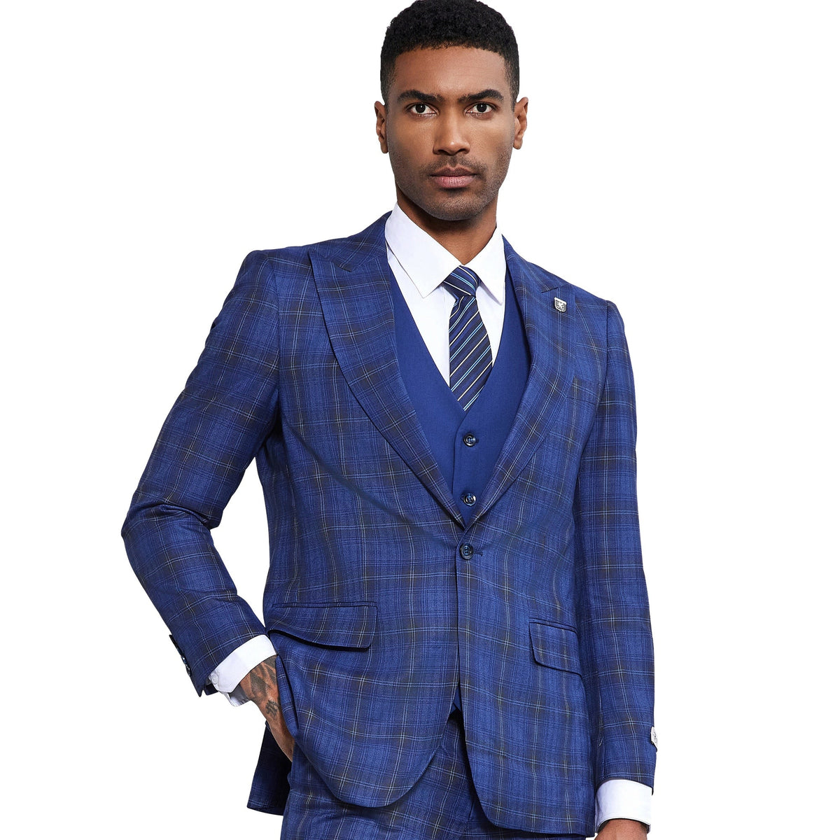 Front view of the royal plaid Stacy Adams suit jacket and five-button vest