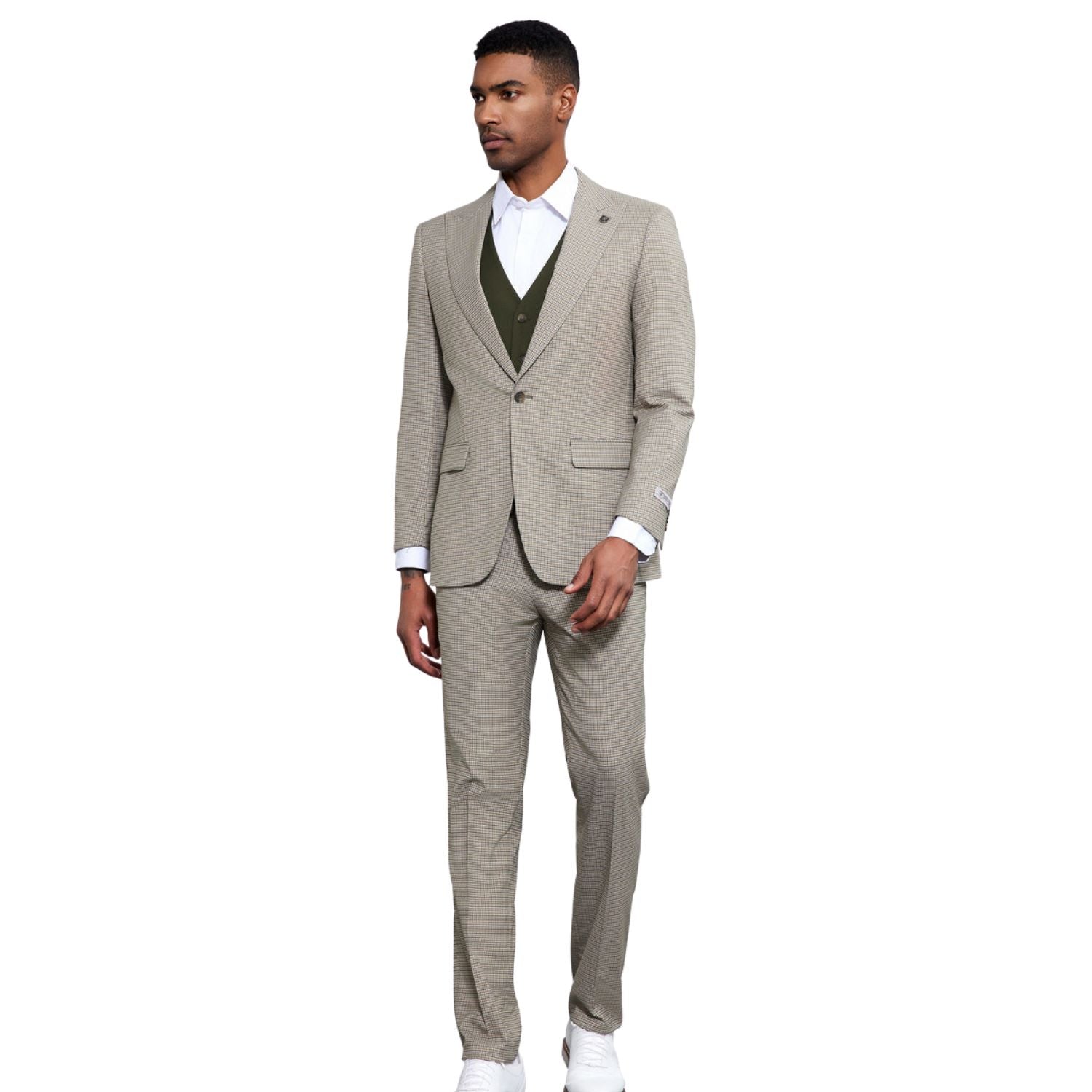Men's 3-Piece Glen Plaid Suit - Beige and Olive – Suits & More