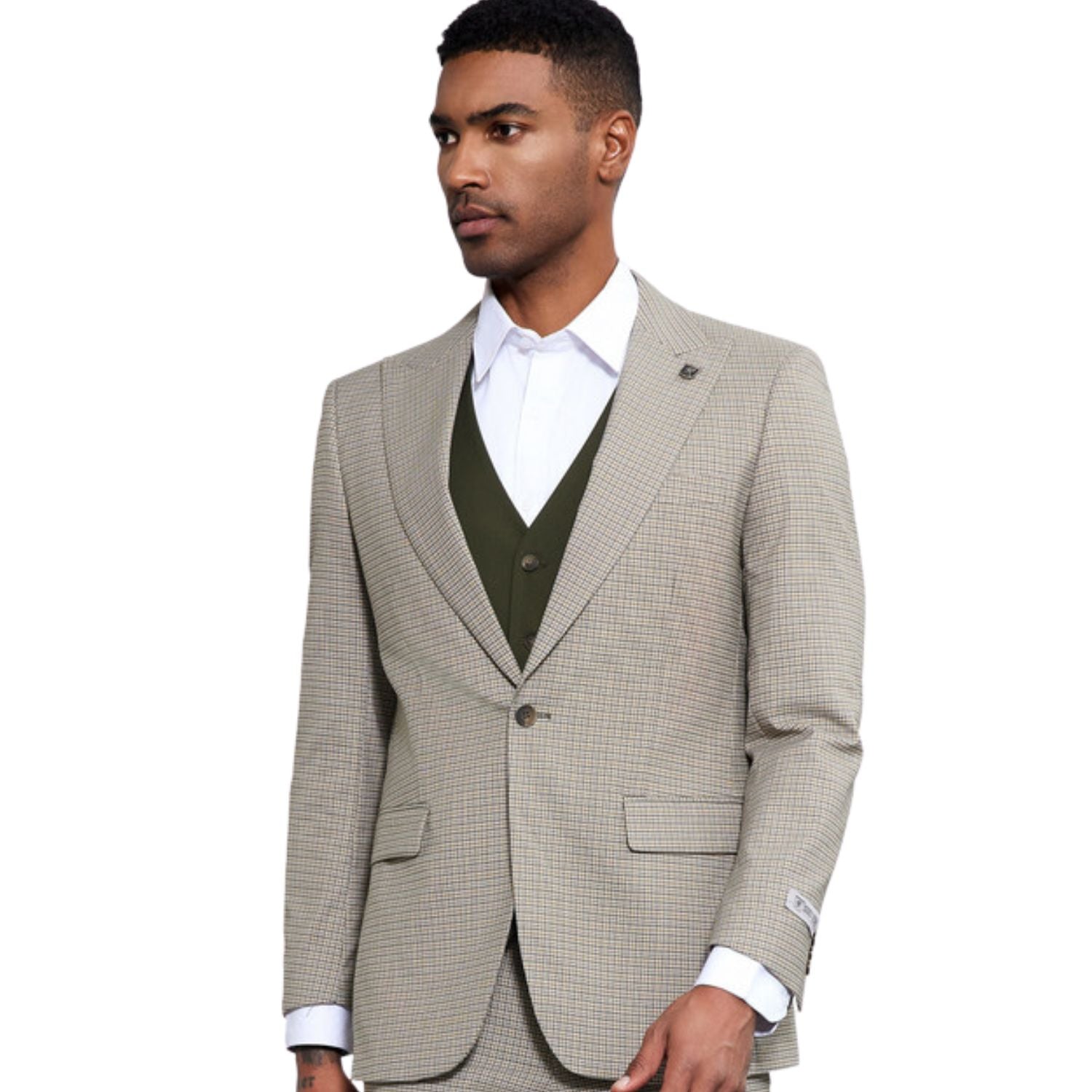 Men's 3-Piece Glen Plaid Suit - Beige and Olive – Suits & More