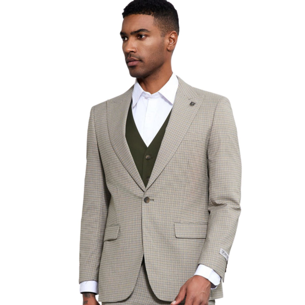 Men's Stacy Adams Two Button Vested Glen Plaid Check Suit in Light Olive Green