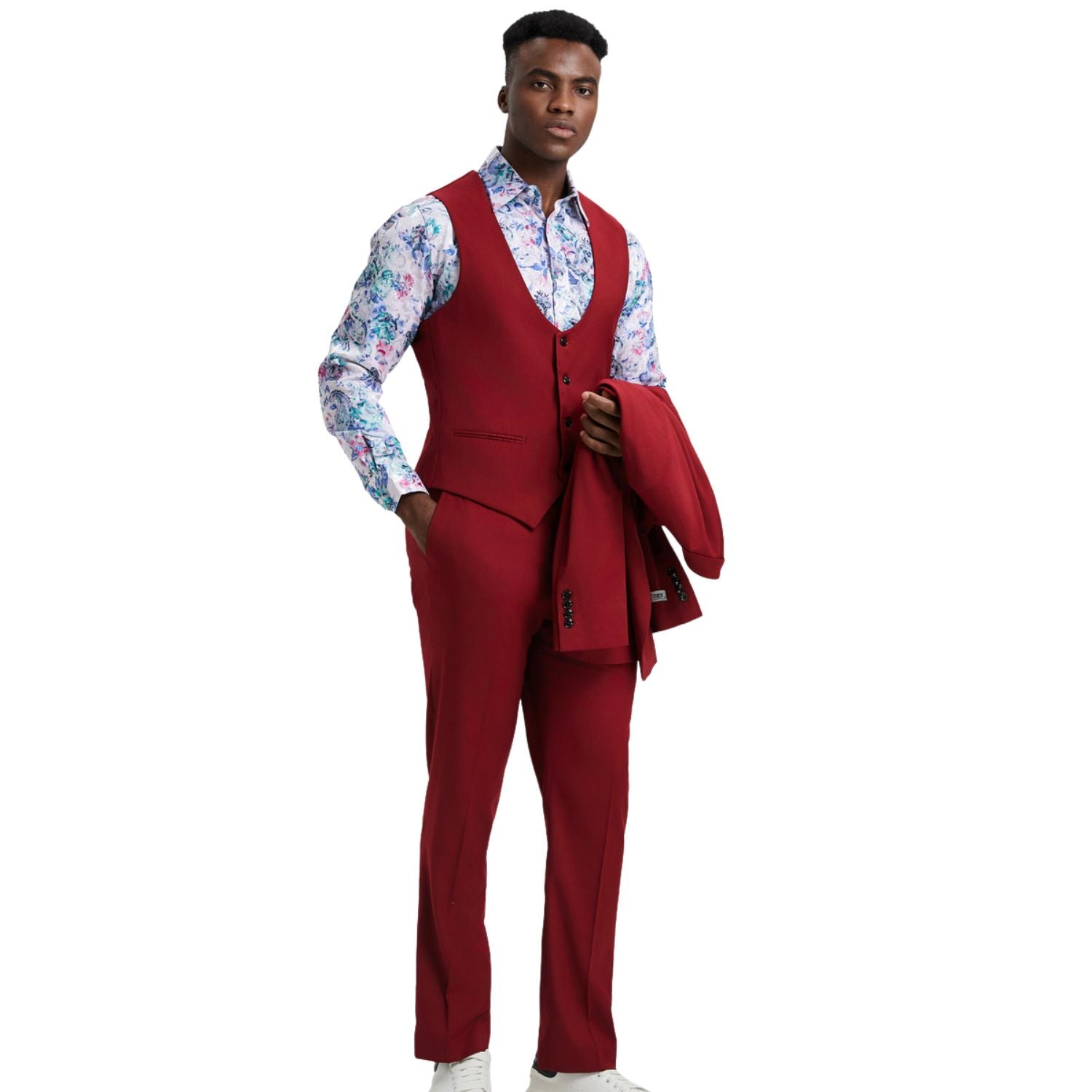 Men's 3-Piece Solid Hybrid Fit Suit - Cherry Red – Suits & More