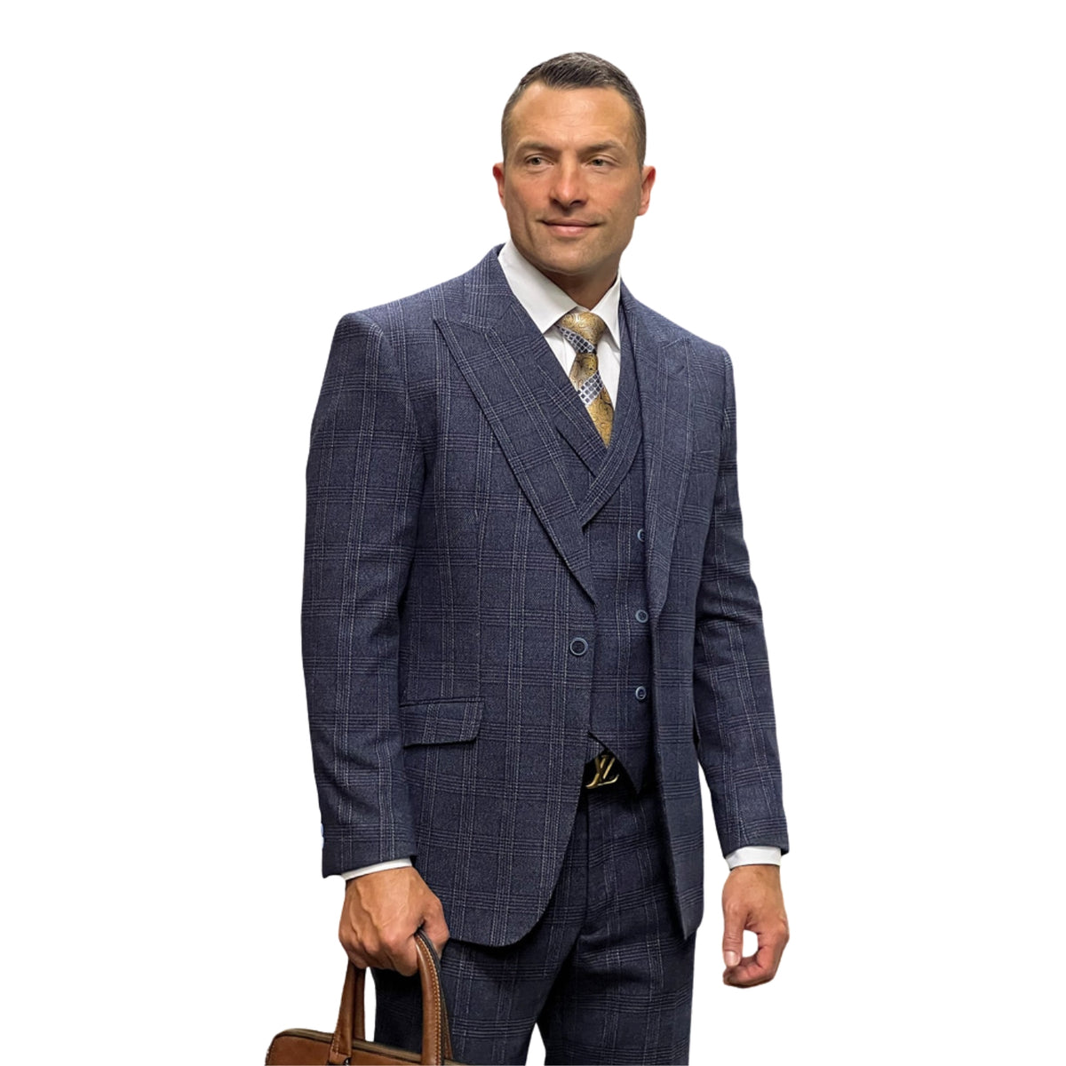 Navy Tweed Plaid 3pc Suit 