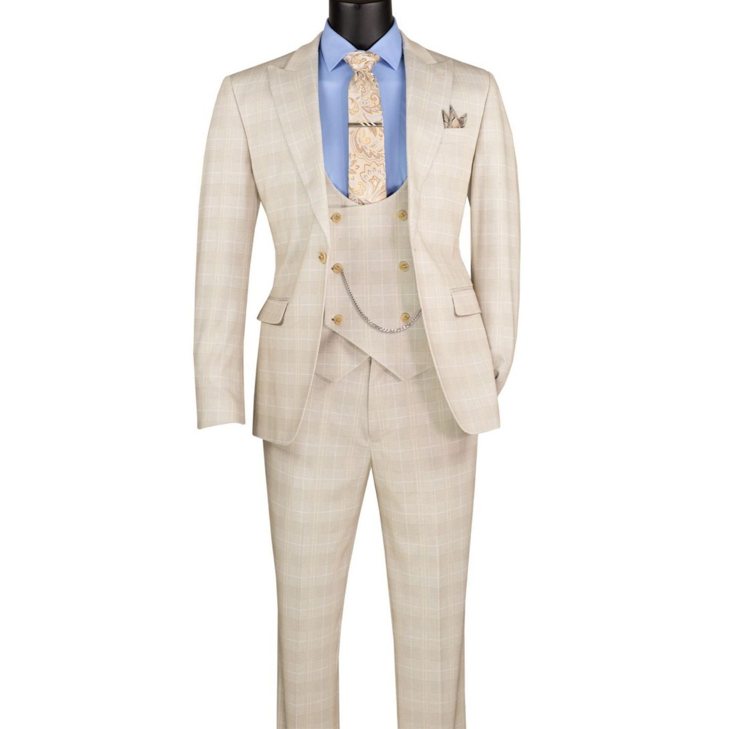 Men's beige Glen Plaid 3-piece slim fit suit with matching vest and adjustable waistband