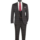 Men's black Glen Plaid 3-piece slim fit suit with matching vest and adjustable waistband