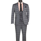 Men's grey Glen Plaid 3-piece slim fit suit with matching vest and adjustable waistband