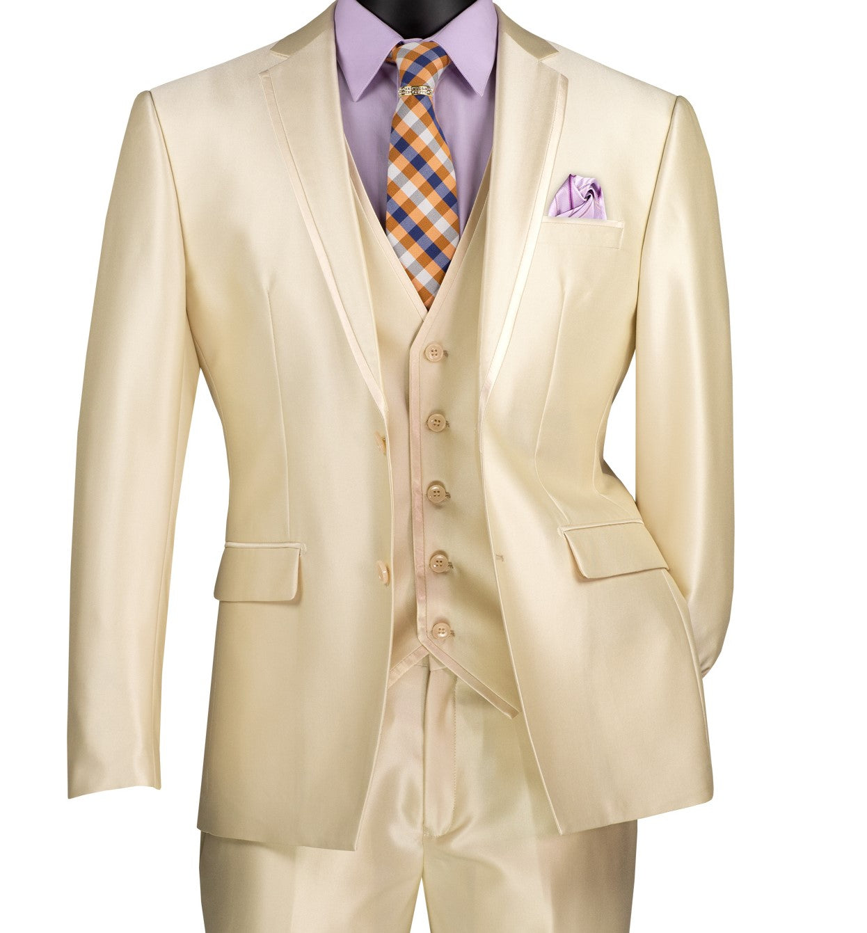 Men's Champagne Beige 3-Piece Satin Look Slim Fit Suit – Suits & More