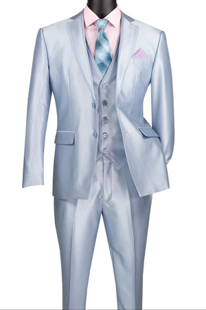 Centaurus Collection: Ice Blue 3-Piece Solid Satin Look Slim Fit Suit with Fancy Vest