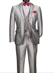 Centaurus Collection: Silver 3-Piece Solid Satin Look Slim Fit Suit with Fancy Vest