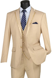 Royal Ravine Collection: Beige 3 Piece Satin Trimmed Lapel Single Breasted Slim Fit Suit