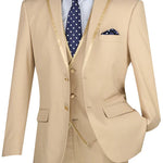Royal Ravine Collection: Beige 3 Piece Satin Trimmed Lapel Single Breasted Slim Fit Suit