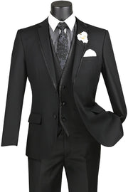 Royal Ravine Collection: Black 3 Piece Satin Trimmed Lapel Single Breasted Slim Fit Suit