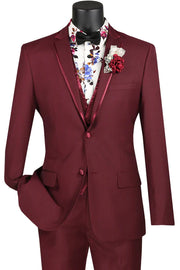 Royal Ravine Collection: Burgundy 3 Piece Satin Trimmed Lapel Single Breasted Slim Fit Suit