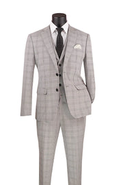 Barnard Collection: Men's Single Breasted Slim Fit Windowpane 3-Piece Suit in Grey