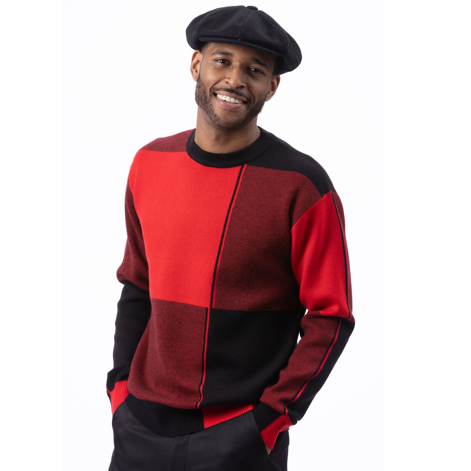 Novara Collection: Montique's Men's Black/Red Color Block Knit