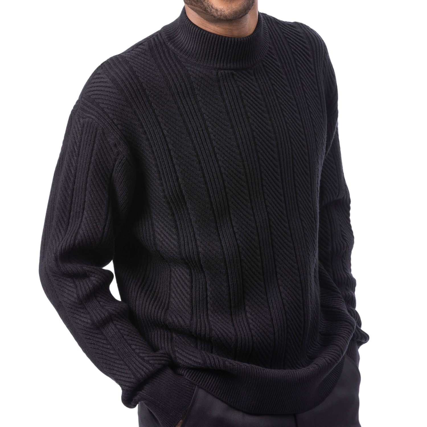 Black Cable Knit Crew Neck Sweater by Montique – Suits & More