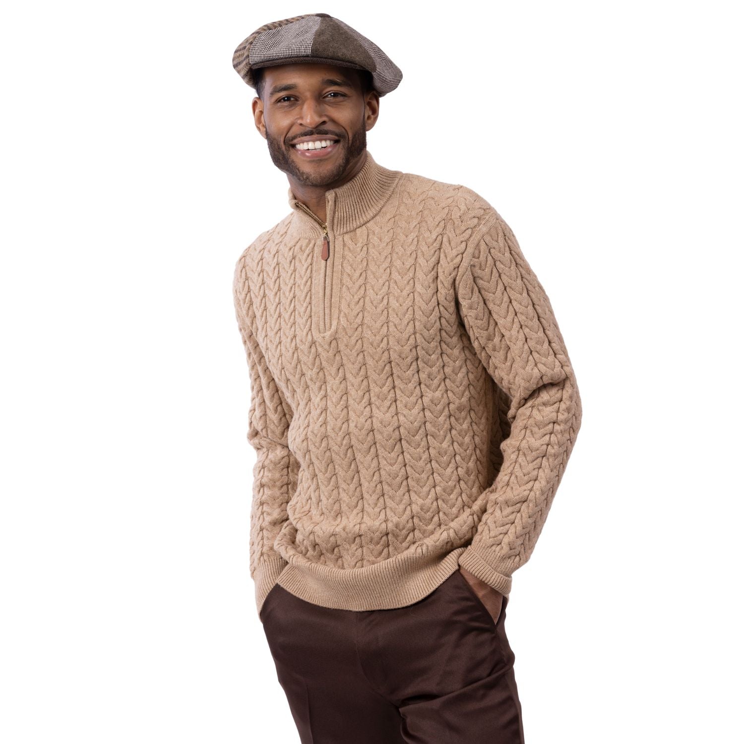 Men's Beige Quarter-Zip Cable Knit Sweater by Montique – Suits & More