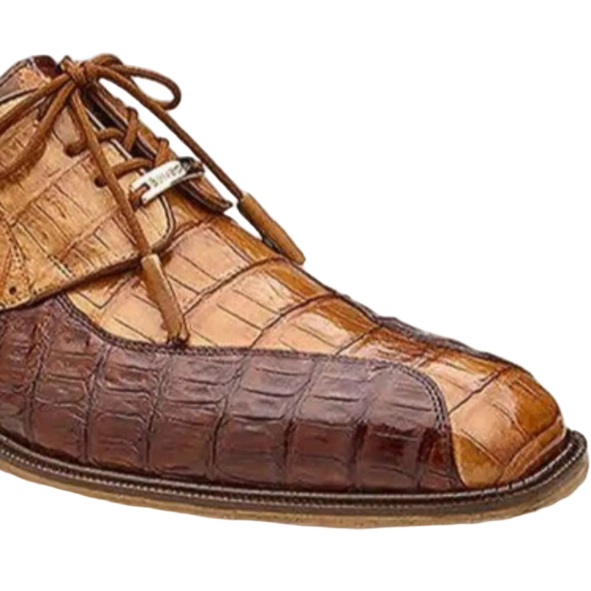 Close-up of genuine caiman leather texture and precision stitching on a walnut Oxford shoe
