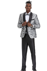 Exquisite Collection: Men's Paisley Shawl Collar 3-Pc Suit In Silver/Black- Slim Fit