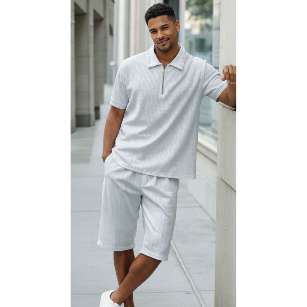 white studded knit polo and shorts set by stacy adams