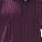 Purple textured knit polo shirt detail showing the structured collar and three-button placket.