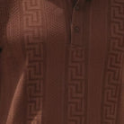 Brown textured knit polo shirt detail showing the structured collar and three-button placket.