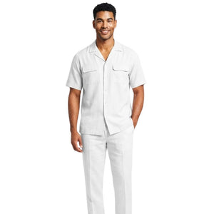 White Short Sleeve Linen Walking Suit Set by Stacy Adams