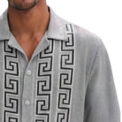 navy short sleeve walking suit shirt with Greek key knit front panel detail