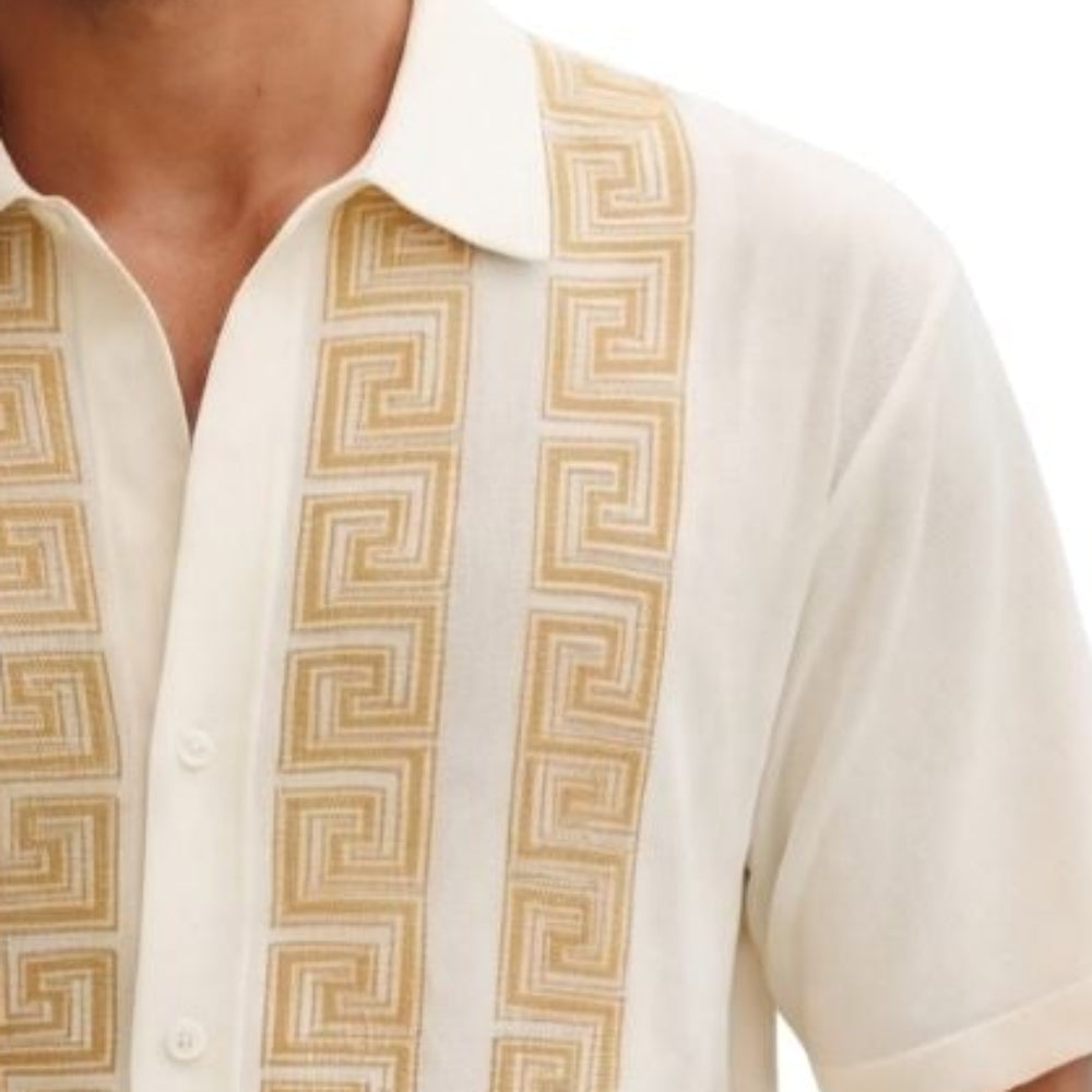 tan short sleeve walking suit shirt with Greek key knit front panel detail