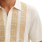 tan short sleeve walking suit shirt with Greek key knit front panel detail