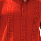 Red textured knit polo shirt detail showing the structured collar and three-button placket.