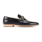 black moc toe leather slip-on shoe with woven strap side view