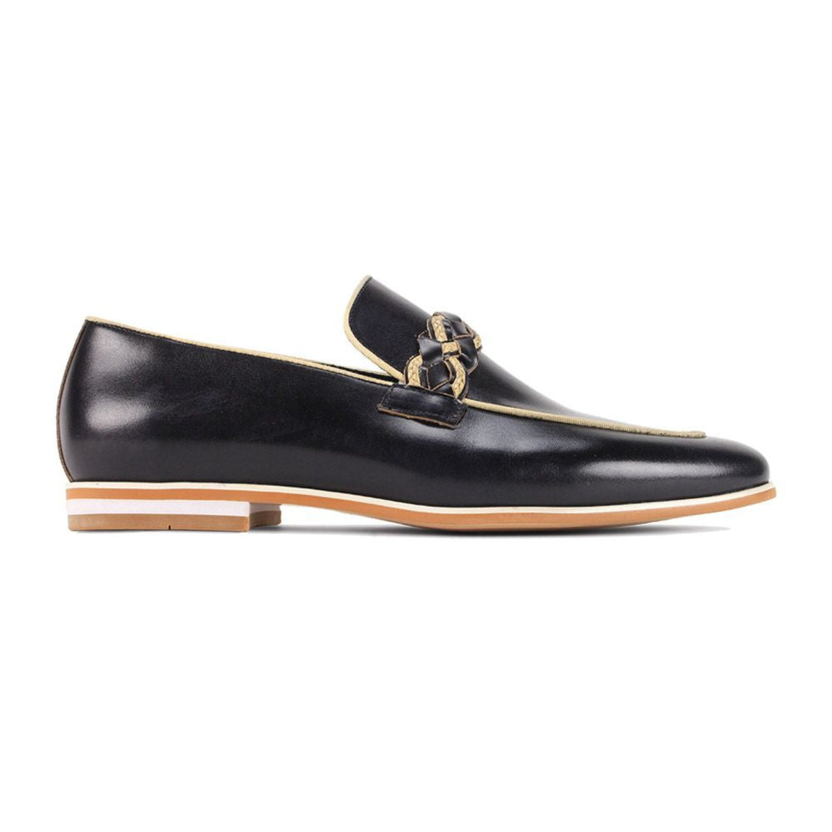 black moc toe leather slip-on shoe with woven strap side view