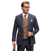RegalRush Collection: Midnight Blue Plaid 3-Piece Suit with Double-Breasted Vest - Modern Fit