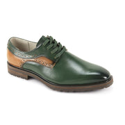 Cortello Collection: Green Plain Toe Leather Lace-Up Shoe