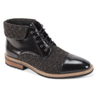 Stuart men's black leather and tweed cap-toe lace boot, three-quarter view