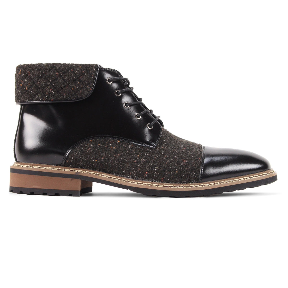 Side view of the Stuart men's black leather and tweed cap-toe lace boot