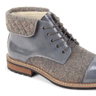 Close-up of the quilted collar and textured tweed panels on the Stuart grey lace boot
