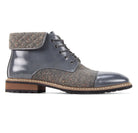 Side view of the Stuart men's grey leather and tweed cap-toe lace boot