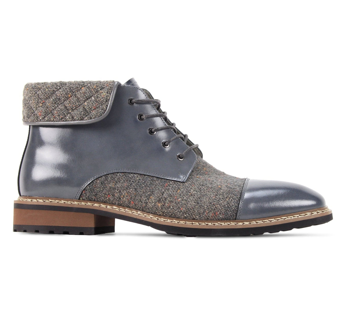 Side view of the Stuart men's grey leather and tweed cap-toe lace boot