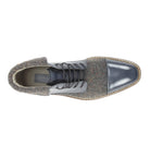 Top view of the Stuart grey lace-up boot showing the cap toe, laces, and quilted collar
