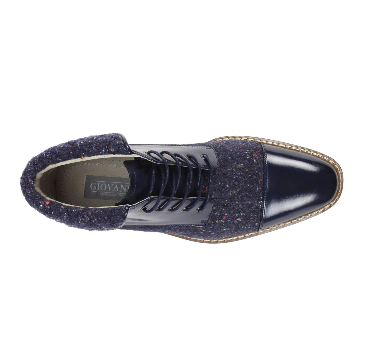 Top view of the Stuart navy lace-up boot showing the cap toe, laces, and quilted collar