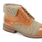 Close-up of the quilted collar and textured tweed panels on the Stuart tan lace boot