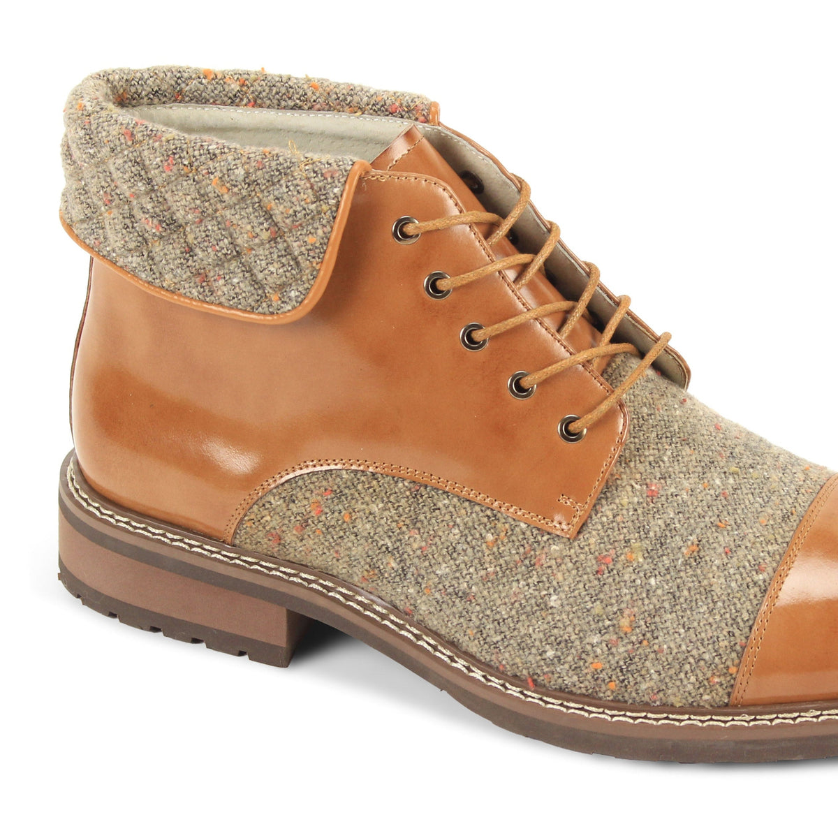 Close-up of the quilted collar and textured tweed panels on the Stuart tan lace boot